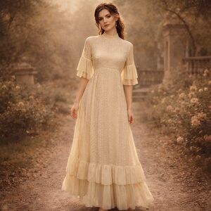 Vtg 70's Courier California Tiered Cream Cottagecore Eyelet Maxi Dress Beige 7/8